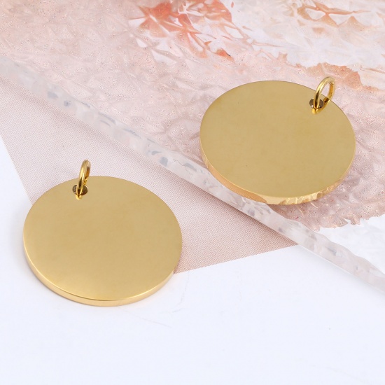 Picture of 2 PCs 304 Stainless Steel Blank Stamping Tags Charms Round Gold Plated Double-sided Polishing 23mm x 20mm