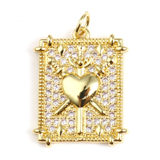 Picture of Brass Micro Pave Charms Gold Plated Rectangle Heart Micro Pave Clear Cubic Zirconia 25mm x 17mm, 1 Piece                                                                                                                                                      