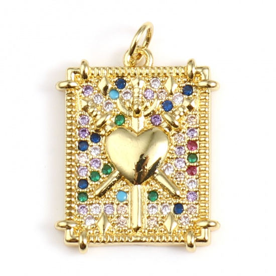 Picture of Brass Micro Pave Charms Gold Plated Rectangle Heart Micro Pave Multicolour Cubic Zirconia 25mm x 17mm, 1 Piece                                                                                                                                                
