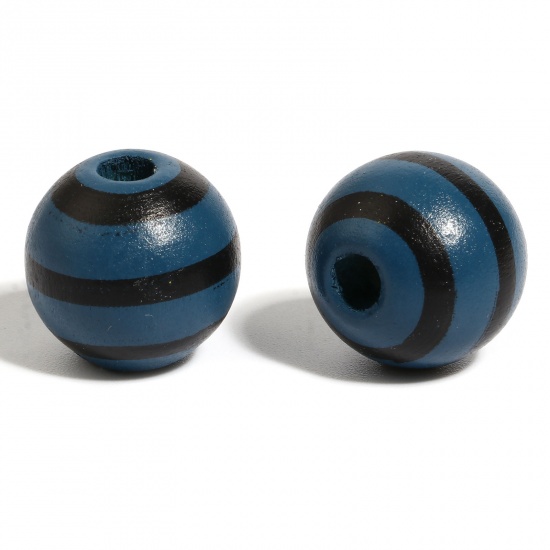 Picture of Wood Spacer Beads Round Dark Lake Blue Stripe About 16mm Dia., Hole: Approx 4.5mm - 3.6mm, 20 PCs