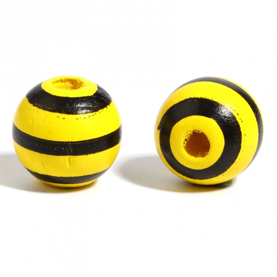 Picture of Wood Spacer Beads Round Black & Yellow Stripe About 16mm Dia., Hole: Approx 4.5mm - 3.6mm, 20 PCs