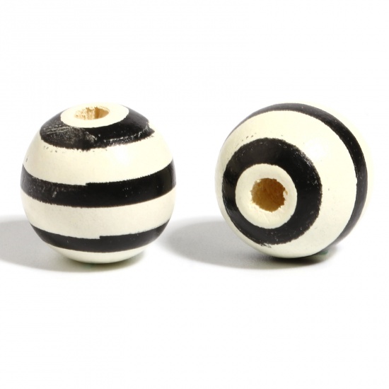 Picture of Wood Spacer Beads Round Beige & Black Stripe About 16mm Dia., Hole: Approx 4.5mm - 3.6mm, 20 PCs