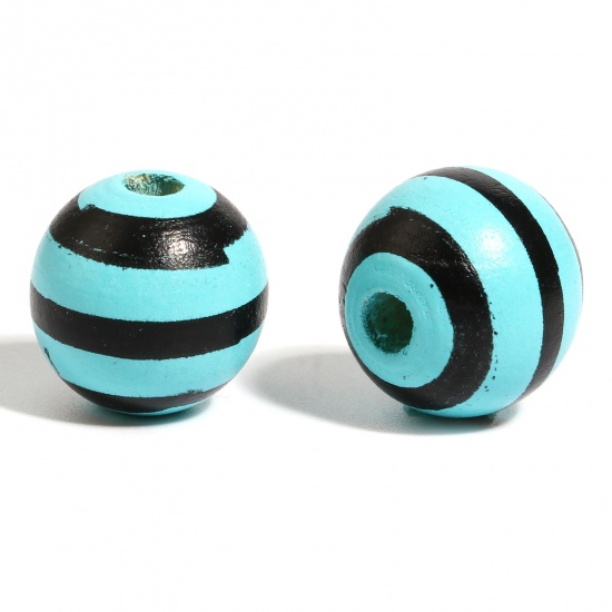 Picture of Wood Spacer Beads Round Light Blue Stripe About 16mm Dia., Hole: Approx 4.5mm - 3.6mm, 20 PCs