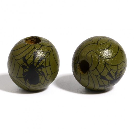 Picture of Wood Spacer Beads Round Army Green Halloween Spider About 16mm Dia., Hole: Approx 4.5mm - 3.6mm, 20 PCs