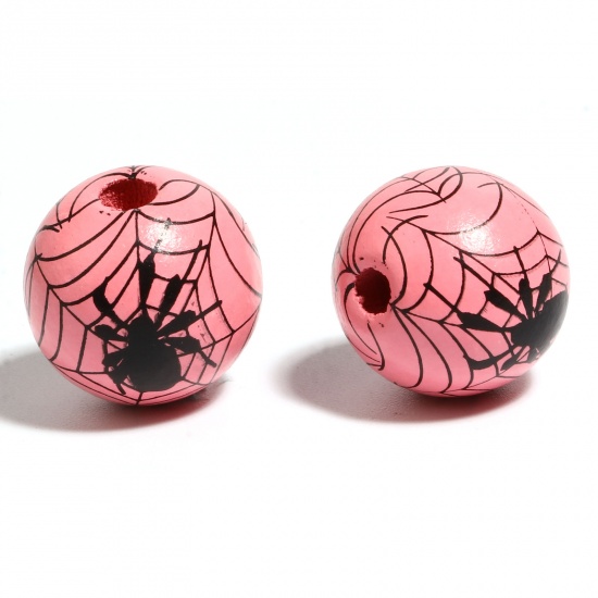 Picture of Wood Spacer Beads Round Black & Pink Halloween Spider About 16mm Dia., Hole: Approx 4.5mm - 3.6mm, 20 PCs