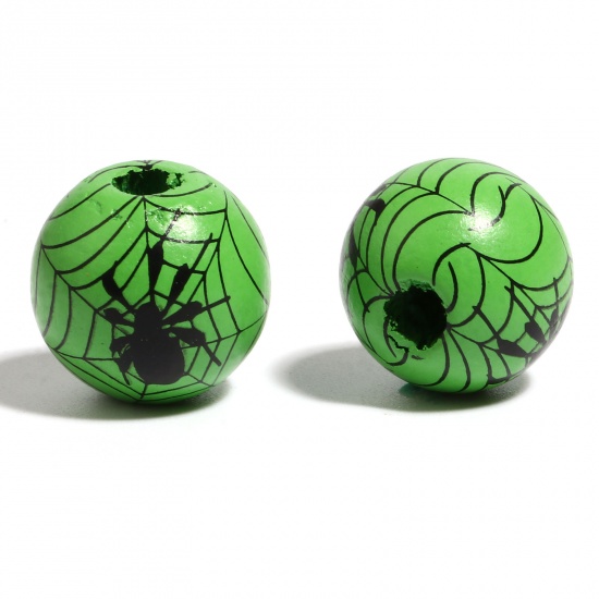 Immagine di Legno Separatori Perline Tondo Nero & Verde Halloween Ragno Disegno Circa: 16mm Dia, Foro: Circa 4.5mm - 3.6mm, 20 Pz