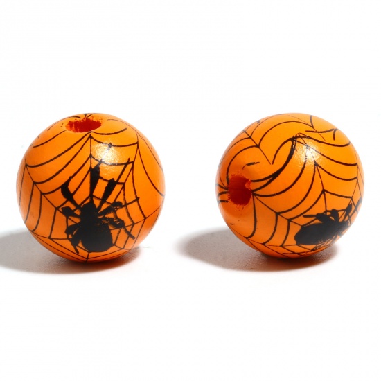 Immagine di Legno Separatori Perline Tondo Nero & Arancione Halloween Ragno Disegno Circa: 16mm Dia, Foro: Circa 4.5mm - 3.6mm, 20 Pz