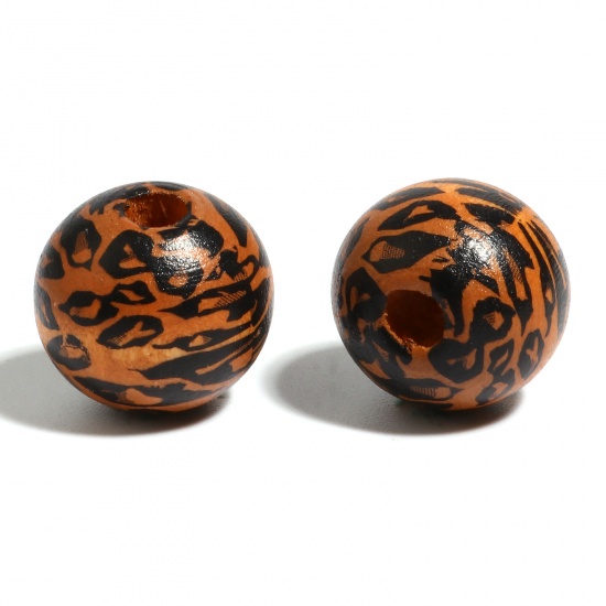 Picture of Wood Spacer Beads Round Brown & Black Leopard Print About 16mm Dia., Hole: Approx 4.5mm - 3.6mm, 20 PCs