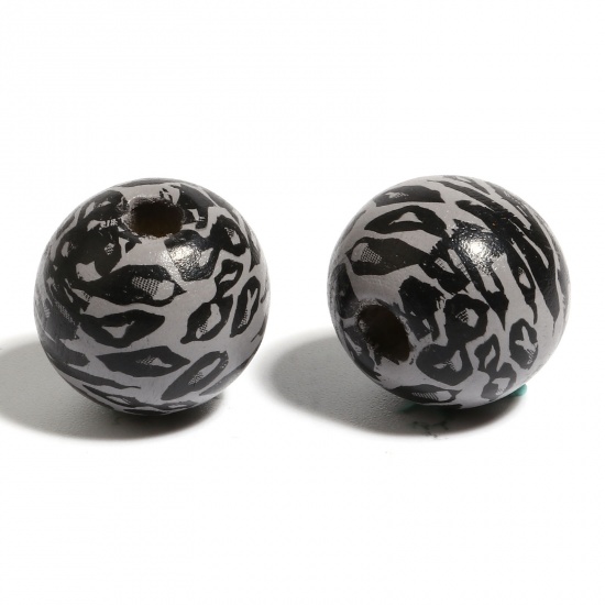Picture of Wood Spacer Beads Round Black & Gray Leopard Print About 16mm Dia., Hole: Approx 4.5mm - 3.6mm, 20 PCs