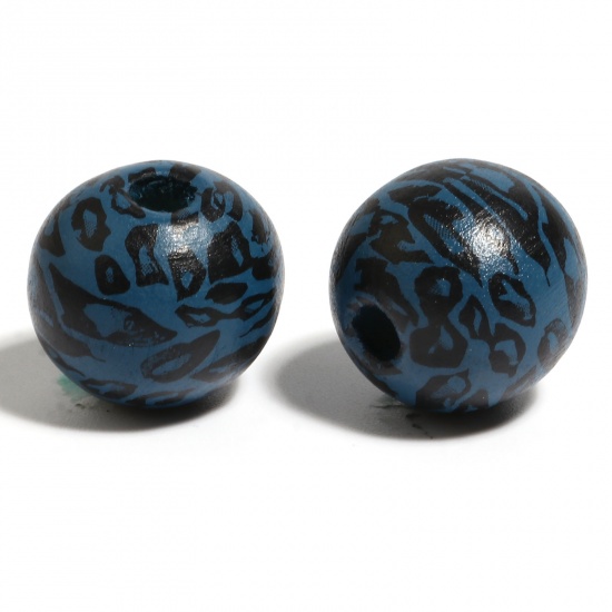 Picture of Wood Spacer Beads Round Dark Lake Blue Leopard Print About 16mm Dia., Hole: Approx 4.5mm - 3.6mm, 20 PCs