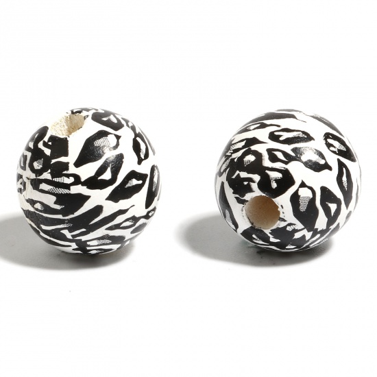 Picture of Wood Spacer Beads Round Black & White Leopard Print About 16mm Dia., Hole: Approx 4.5mm - 3.6mm, 20 PCs