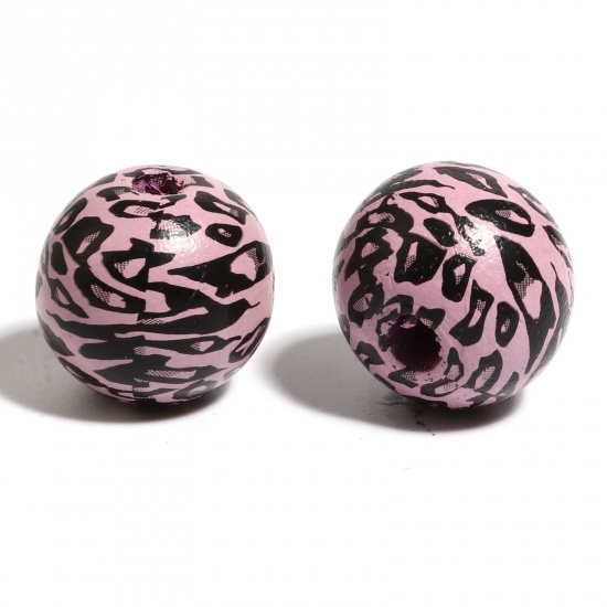 Picture of Wood Spacer Beads Round Black & Purple Leopard Print About 16mm Dia., Hole: Approx 4.5mm - 3.6mm, 20 PCs