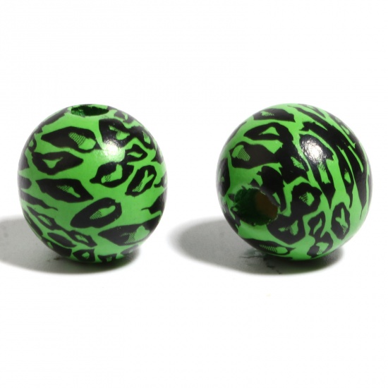 Picture of Wood Spacer Beads Round Black & Green Leopard Print About 16mm Dia., Hole: Approx 4.5mm - 3.6mm, 20 PCs