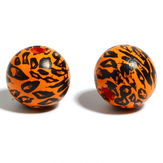 Picture of Wood Spacer Beads Round Black & Orange Leopard Print About 16mm Dia., Hole: Approx 4.5mm - 3.6mm, 20 PCs