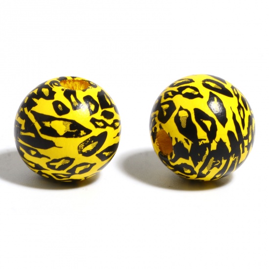 Picture of Wood Spacer Beads Round Black & Yellow Leopard Print About 16mm Dia., Hole: Approx 4.5mm - 3.6mm, 20 PCs