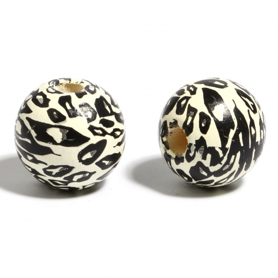 Picture of Wood Spacer Beads Round Beige & Black Leopard Print About 16mm Dia., Hole: Approx 4.5mm - 3.6mm, 20 PCs