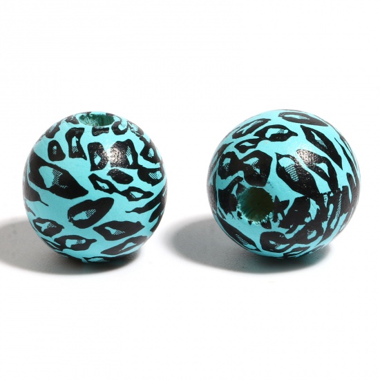 Picture of Wood Spacer Beads Round Light Blue Leopard Print About 16mm Dia., Hole: Approx 4.5mm - 3.6mm, 20 PCs