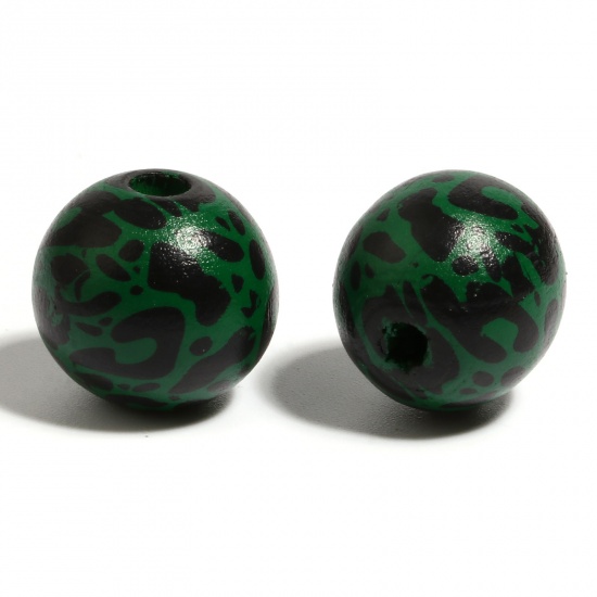Picture of Wood Spacer Beads Round Dark Green Leopard Print About 16mm Dia., Hole: Approx 4.5mm - 3.6mm, 20 PCs