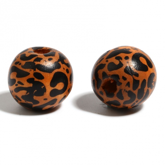 Picture of Wood Spacer Beads Round Brown & Black Leopard Print About 16mm Dia., Hole: Approx 4.5mm - 3.6mm, 20 PCs