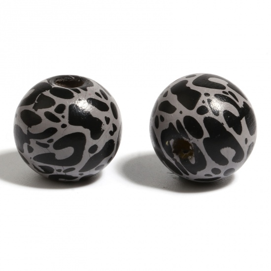 Picture of Wood Spacer Beads Round Black & Gray Leopard Print About 16mm Dia., Hole: Approx 4.5mm - 3.6mm, 20 PCs