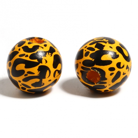 Picture of Wood Spacer Beads Round Orange Leopard Print About 16mm Dia., Hole: Approx 4.5mm - 3.6mm, 20 PCs