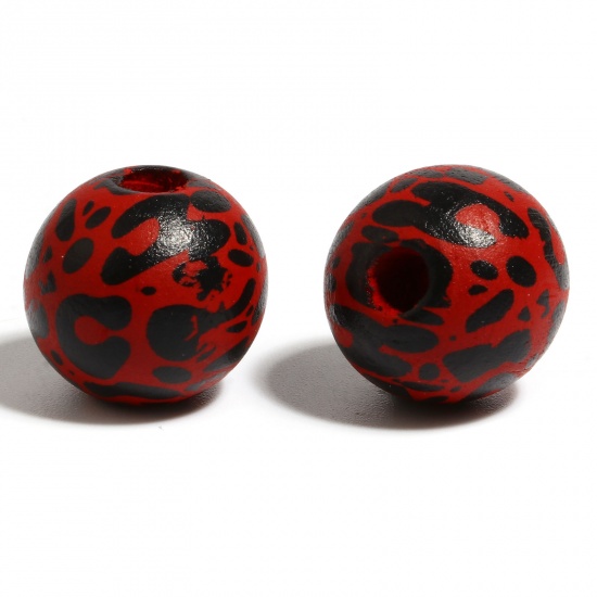 Picture of Wood Spacer Beads Round Dark Red Leopard Print About 16mm Dia., Hole: Approx 4.5mm - 3.6mm, 20 PCs