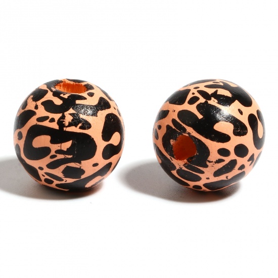 Picture of Wood Spacer Beads Round Orange Pink Leopard Print About 16mm Dia., Hole: Approx 4.5mm - 3.6mm, 20 PCs