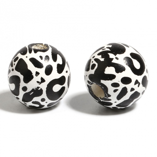 Picture of Wood Spacer Beads Round Black & White Leopard Print About 16mm Dia., Hole: Approx 4.5mm - 3.6mm, 20 PCs