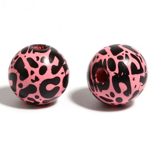 ウッド ビーズ 円形 黒+ピンク ヒョウ柄 約 16mm直径、 穴：約 4.5mm - 3.6mm、 20 個 の画像