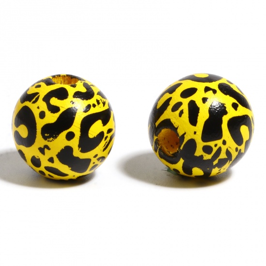 Picture of Wood Spacer Beads Round Black & Yellow Leopard Print About 16mm Dia., Hole: Approx 4.5mm - 3.6mm, 20 PCs