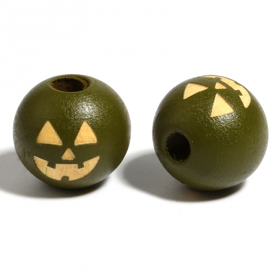 Picture of Wood Spacer Beads Round Army Green Halloween Pumpkin About 16mm Dia., Hole: Approx 4.5mm - 3.6mm, 20 PCs