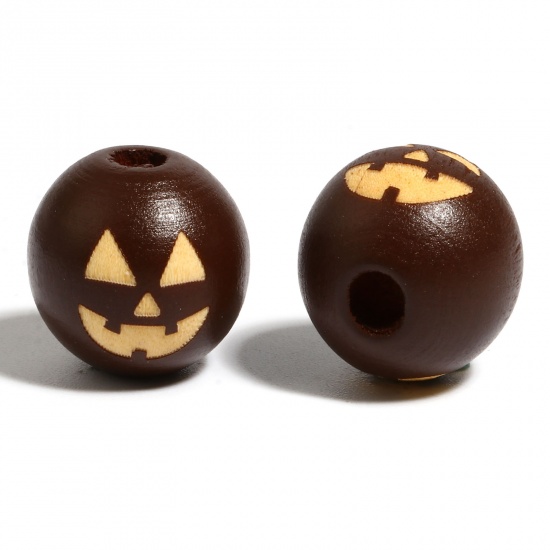 Picture of Wood Spacer Beads Round Dark Coffee Halloween Pumpkin About 16mm Dia., Hole: Approx 4.5mm - 3.6mm, 20 PCs