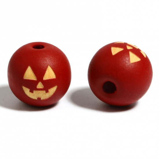 Picture of Wood Spacer Beads Round Dark Red Halloween Pumpkin About 16mm Dia., Hole: Approx 4.5mm - 3.6mm, 20 PCs