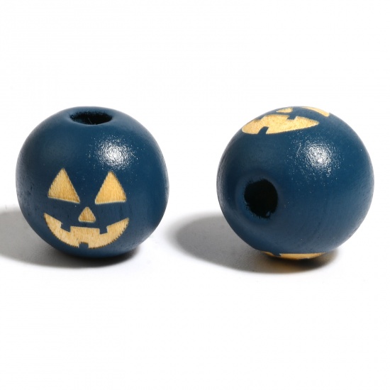 Picture of Wood Spacer Beads Round Dark Lake Blue Halloween Pumpkin About 16mm Dia., Hole: Approx 4.5mm - 3.6mm, 20 PCs