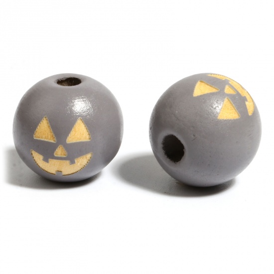 Immagine di Legno Separatori Perline Tondo Grigio Halloween Zucca Disegno Circa: 16mm Dia, Foro: Circa 4.5mm - 3.6mm, 20 Pz