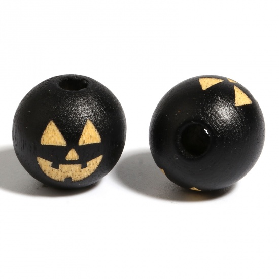 Immagine di Legno Separatori Perline Tondo Nero Halloween Zucca Disegno Circa: 16mm Dia, Foro: Circa 4.5mm - 3.6mm, 20 Pz