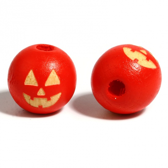 Immagine di Legno Separatori Perline Tondo Rosso Halloween Zucca Disegno Circa: 16mm Dia, Foro: Circa 4.5mm - 3.6mm, 20 Pz