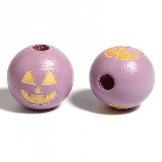 Immagine di Legno Separatori Perline Tondo Colore Viola Halloween Zucca Disegno Circa: 16mm Dia, Foro: Circa 4.5mm - 3.6mm, 20 Pz