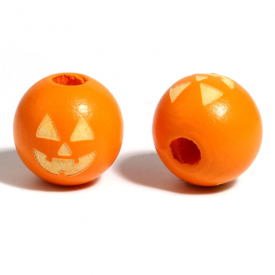 Immagine di Legno Separatori Perline Tondo Arancione Halloween Zucca Disegno Circa: 16mm Dia, Foro: Circa 4.5mm - 3.6mm, 20 Pz