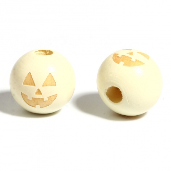 Immagine di Legno Separatori Perline Tondo Bianco Sporco Halloween Zucca Disegno Circa: 16mm Dia, Foro: Circa 4.5mm - 3.6mm, 20 Pz