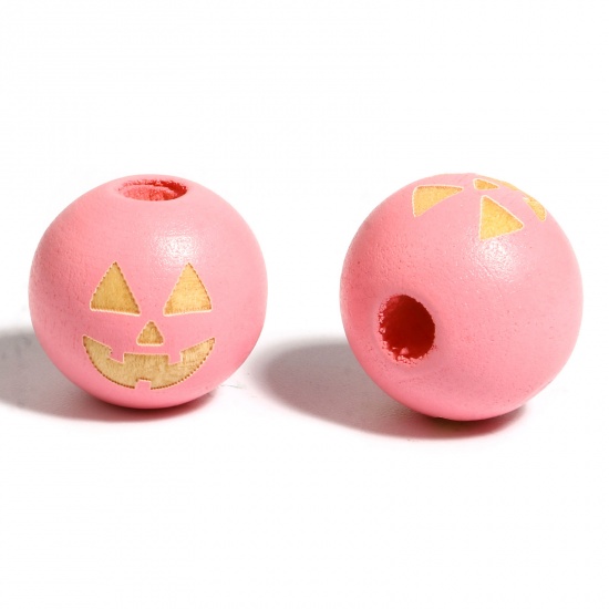 Picture of Wood Spacer Beads Round Pink Halloween Pumpkin About 16mm Dia., Hole: Approx 4.5mm - 3.6mm, 20 PCs