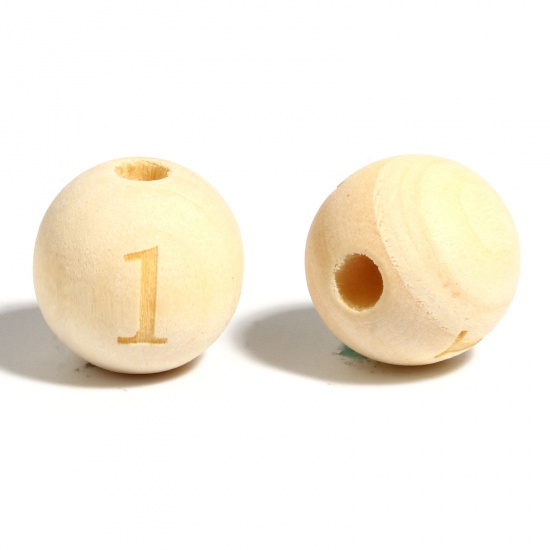 Immagine di Legno Separatori Perline Tondo Naturale Numero Disegno Lettere " 1 " Circa: 16mm Dia, Foro: Circa 4.5mm - 3.6mm, 20 Pz