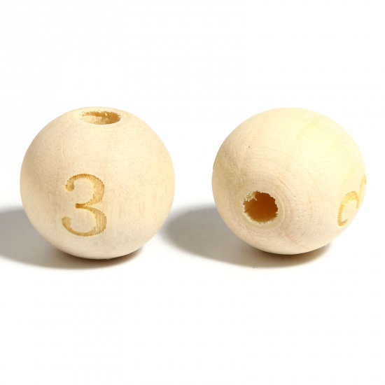 Immagine di Legno Separatori Perline Tondo Naturale Numero Disegno Lettere " 3 " Circa: 16mm Dia, Foro: Circa 4.5mm - 3.6mm, 20 Pz