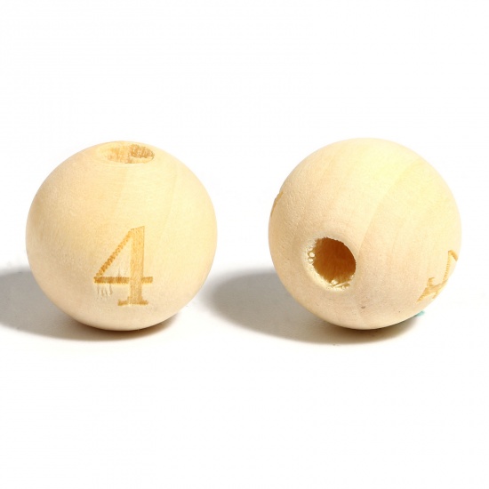 Immagine di Legno Separatori Perline Tondo Naturale Numero Disegno Lettere " 4 " Circa: 16mm Dia, Foro: Circa 4.5mm - 3.6mm, 20 Pz