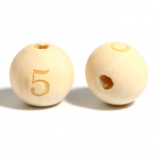 Immagine di Legno Separatori Perline Tondo Naturale Numero Disegno Lettere " 5 " Circa: 16mm Dia, Foro: Circa 4.5mm - 3.6mm, 20 Pz