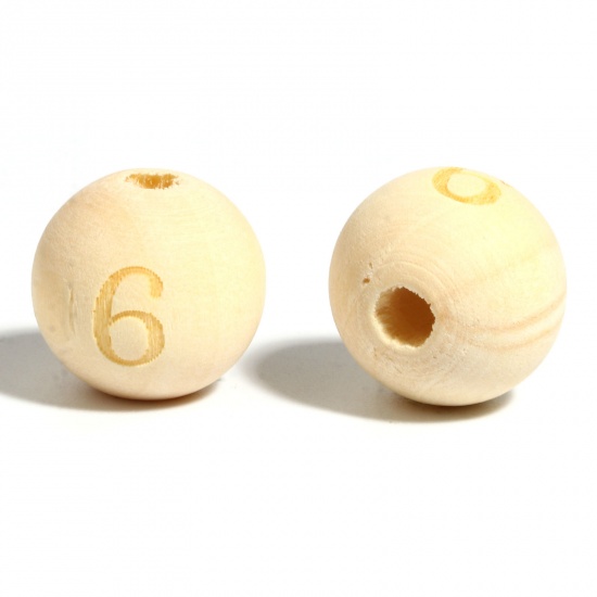 Immagine di Legno Separatori Perline Tondo Naturale Numero Disegno Lettere " 6 " Circa: 16mm Dia, Foro: Circa 4.5mm - 3.6mm, 20 Pz