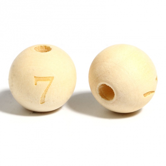 Immagine di Legno Separatori Perline Tondo Naturale Numero Disegno Lettere " 7 " Circa: 16mm Dia, Foro: Circa 4.5mm - 3.6mm, 20 Pz