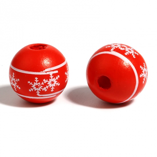 ウッド スペーサー クリスマス ビーズ 円形 白×赤 スノーフレーク柄 約 16mm直径、 穴：約 4.5mm - 3.6mm、 20 個 の画像