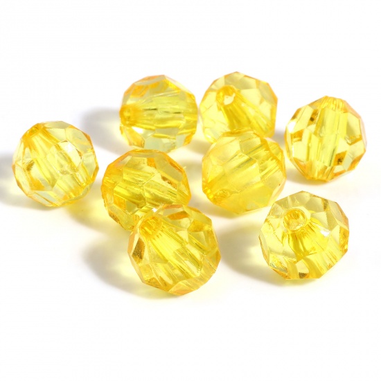 Picture of Acrylic Beads Round Yellow Transparent Faceted About 10mm Dia., Hole: Approx 2.3mm, 300 PCs