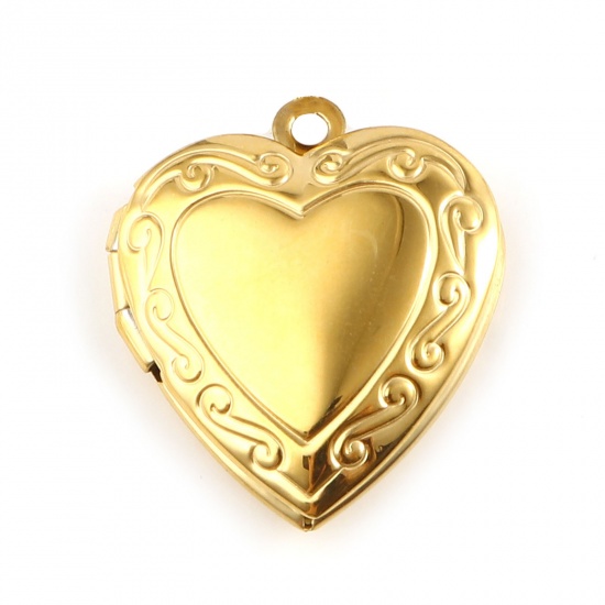Bild von Edelstahl Bilderrahmen Medaillon Anhänger Herz Vergoldet Zum Öffnen (für 13mm x 11mm) 30mm x 19mm, 1 Stück